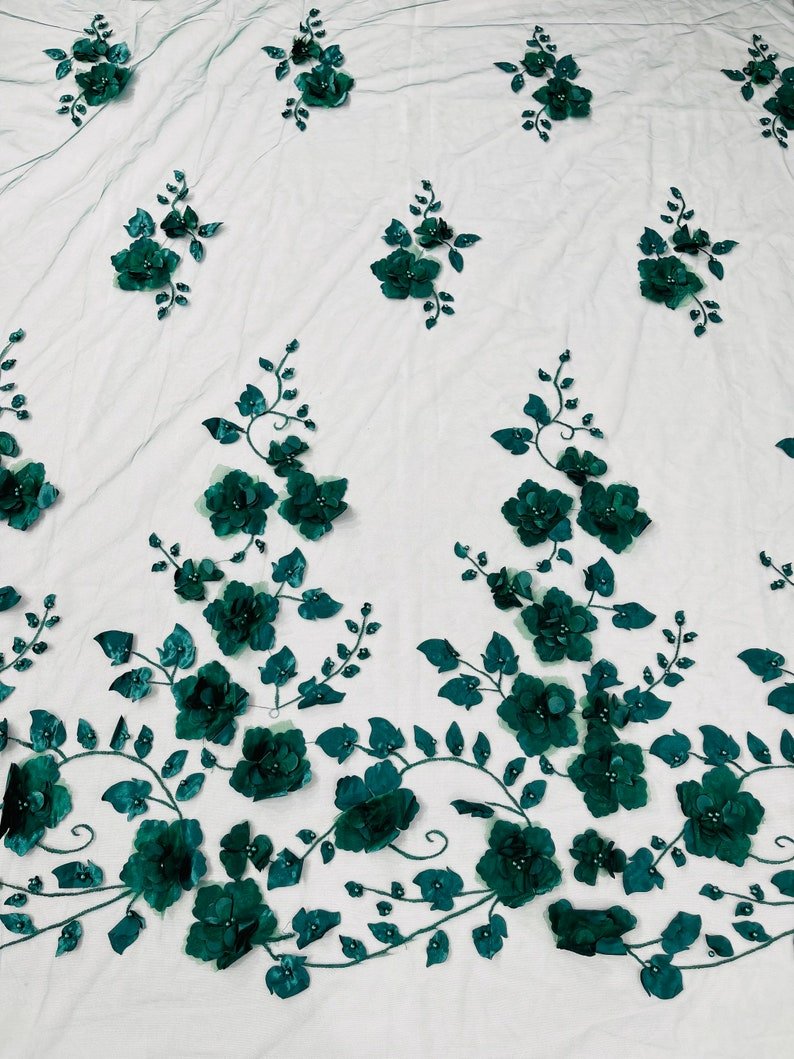 Orquidia 3D Floral Design Lace Polyester Fabric - Beaded Mesh Lace, Double Scallop, 54" Width (1 Yard)
