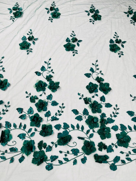 Orquidia 3D Floral Design Lace Polyester Fabric - Beaded Mesh Lace, Double Scallop, 54" Width (1 Yard)
