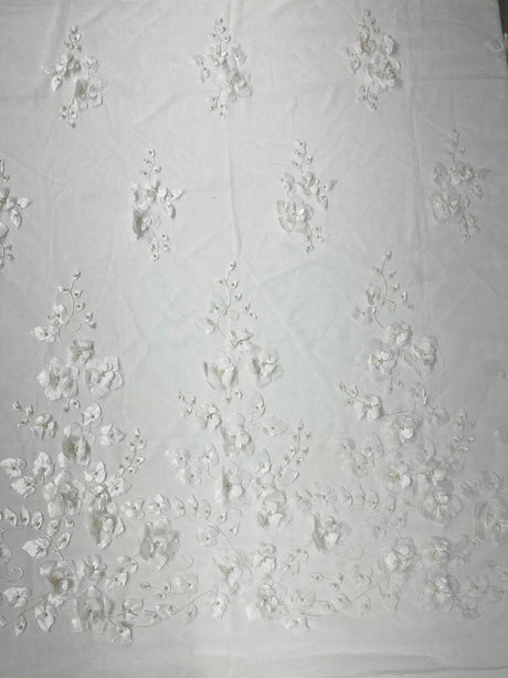 Orquidia 3D Floral Design Lace Polyester Fabric - Beaded Mesh Lace, Double Scallop, 54" Width (1 Yard)