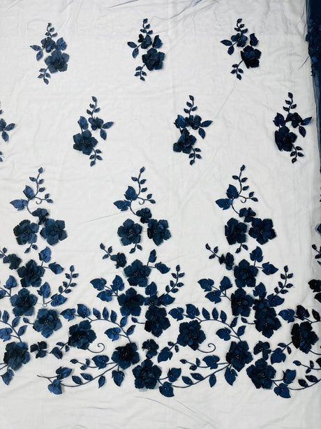 Orquidia 3D Floral Design Lace Polyester Fabric - Beaded Mesh Lace, Double Scallop, 54" Width (1 Yard)