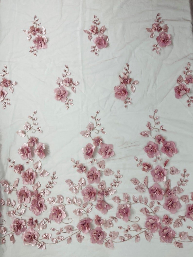 Orquidia 3D Floral Design Lace Polyester Fabric - Beaded Mesh Lace, Double Scallop, 54" Width (1 Yard)