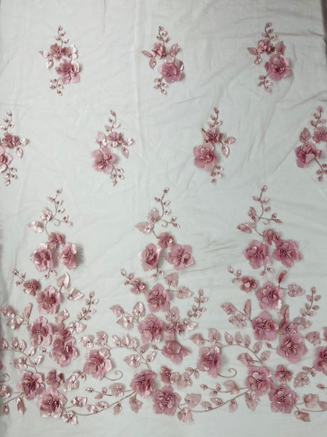 Orquidia 3D Floral Design Lace Polyester Fabric - Beaded Mesh Lace, Double Scallop, 54" Width (1 Yard)
