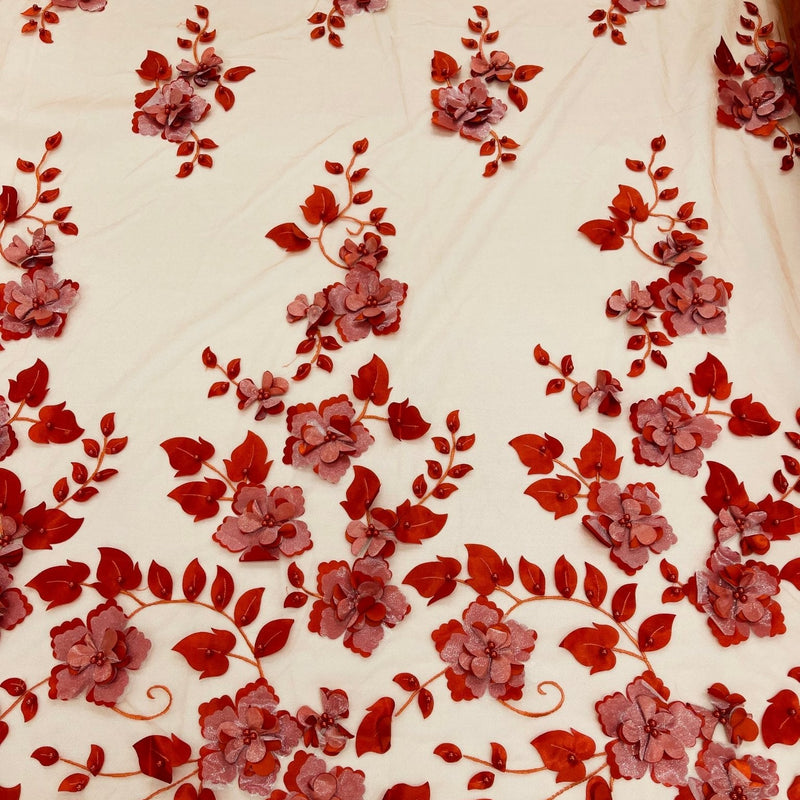 Orquidia 3D Floral Design Lace Polyester Fabric - Beaded Mesh Lace, Double Scallop, 54" Width (1 Yard)