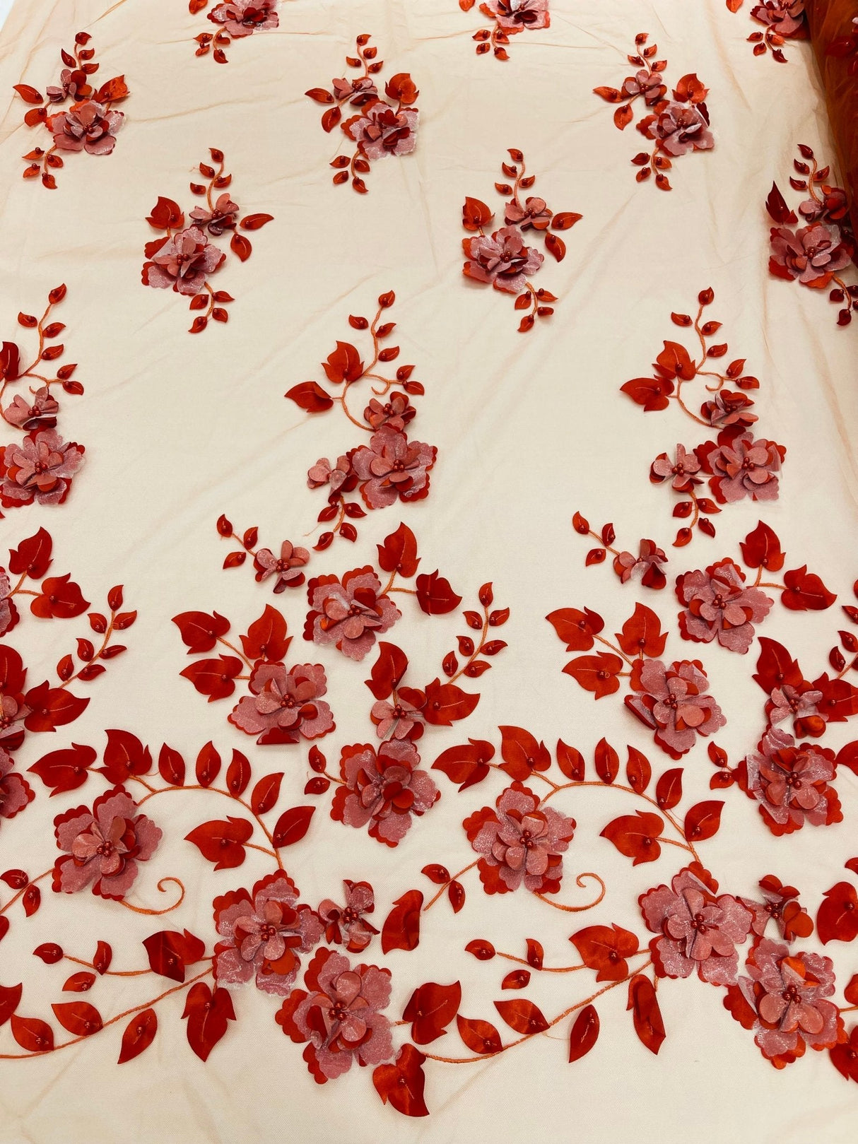 Orquidia 3D Floral Design Lace Polyester Fabric - Beaded Mesh Lace, Double Scallop, 54" Width (1 Yard)