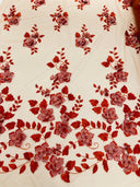 Orquidia 3D Floral Design Lace Polyester Fabric - Beaded Mesh Lace, Double Scallop, 54" Width (1 Yard)