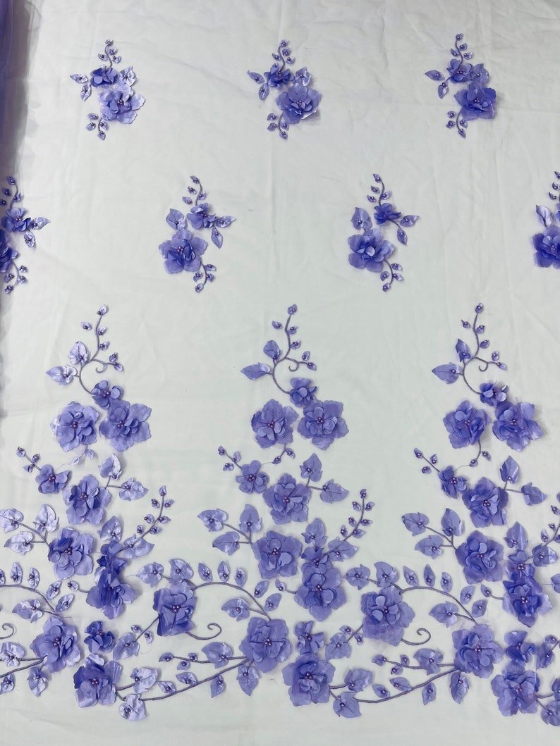 Orquidia 3D Floral Design Lace Polyester Fabric - Beaded Mesh Lace, Double Scallop, 54" Width (1 Yard)