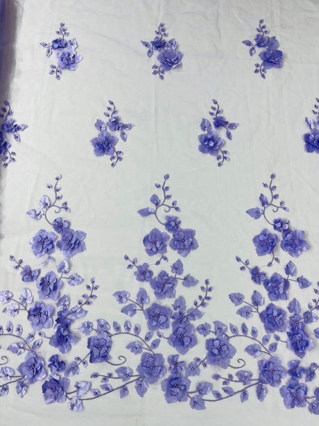 Orquidia 3D Floral Design Lace Polyester Fabric - Beaded Mesh Lace, Double Scallop, 54" Width (1 Yard)