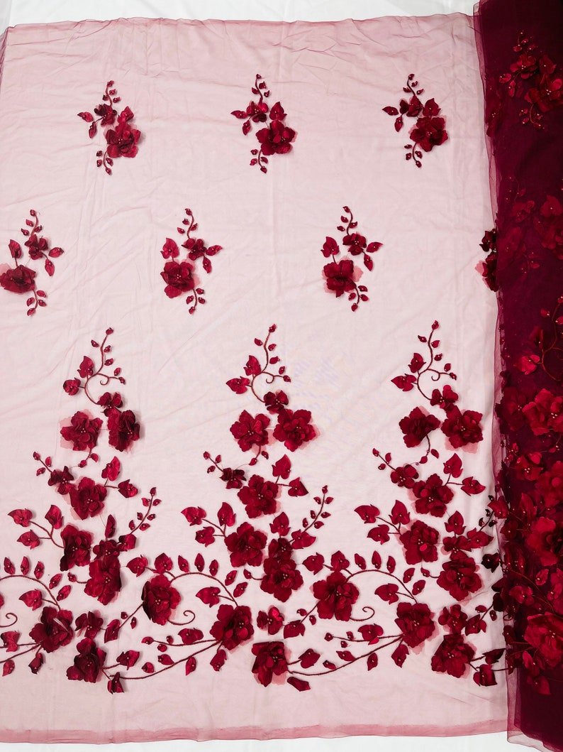 Orquidia 3D Floral Design Lace Polyester Fabric - Beaded Mesh Lace, Double Scallop, 54" Width (1 Yard)