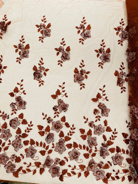 Orquidia 3D Floral Design Lace Polyester Fabric - Beaded Mesh Lace, Double Scallop, 54" Width (1 Yard)