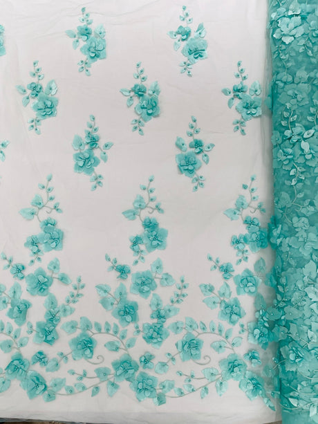 Orquidia 3D Floral Design Lace Polyester Fabric - Beaded Mesh Lace, Double Scallop, 54" Width (1 Yard)