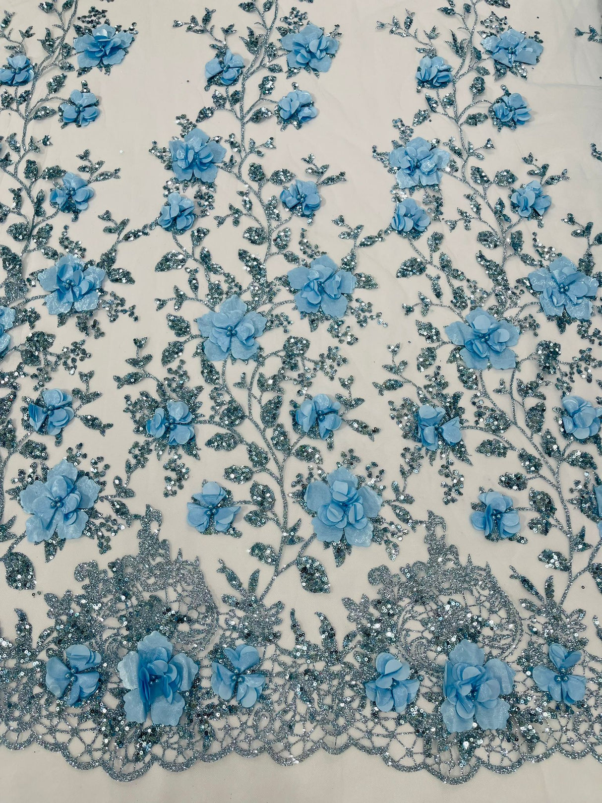 Orquidia 3D Satin Flower Glitter Lace Fabric - Fuchsia, Gold, Light Blue, Lilac, Rose Gold, Silver, 54" Width (1 Yard)