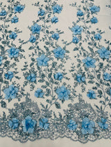 Orquidia 3D Satin Flower Glitter Lace Fabric - Fuchsia, Gold, Light Blue, Lilac, Rose Gold, Silver, 54" Width (1 Yard)