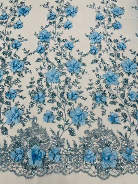 Orquidia 3D Satin Flower Glitter Lace Fabric - Fuchsia, Gold, Light Blue, Lilac, Rose Gold, Silver, 54" Width (1 Yard)