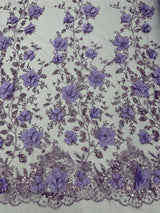 Orquidia 3D Satin Flower Glitter Lace Fabric - Fuchsia, Gold, Light Blue, Lilac, Rose Gold, Silver, 54" Width (1 Yard)