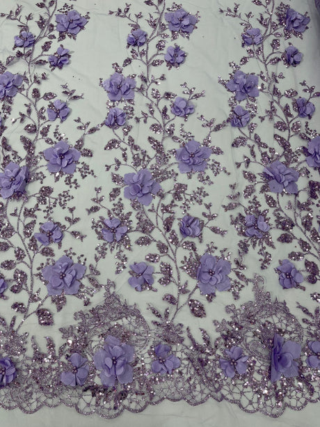 Orquidia 3D Satin Flower Glitter Lace Fabric - Fuchsia, Gold, Light Blue, Lilac, Rose Gold, Silver, 54" Width (1 Yard)