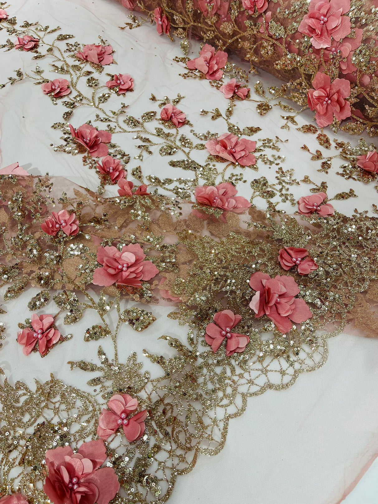 Orquidia 3D Satin Flower Glitter Lace Fabric - Fuchsia, Gold, Light Blue, Lilac, Rose Gold, Silver, 54" Width (1 Yard)