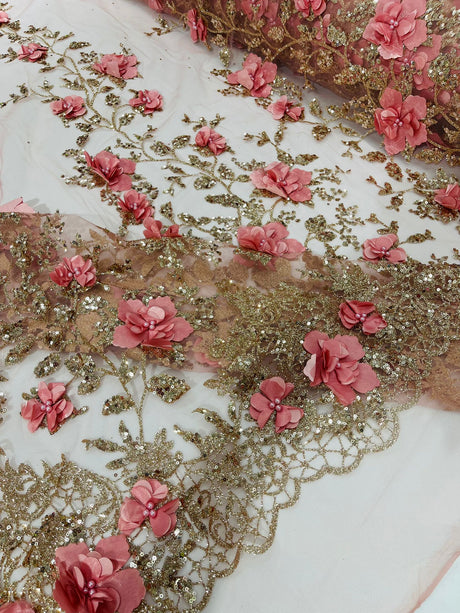 Orquidia 3D Satin Flower Glitter Lace Fabric - Fuchsia, Gold, Light Blue, Lilac, Rose Gold, Silver, 54" Width (1 Yard)