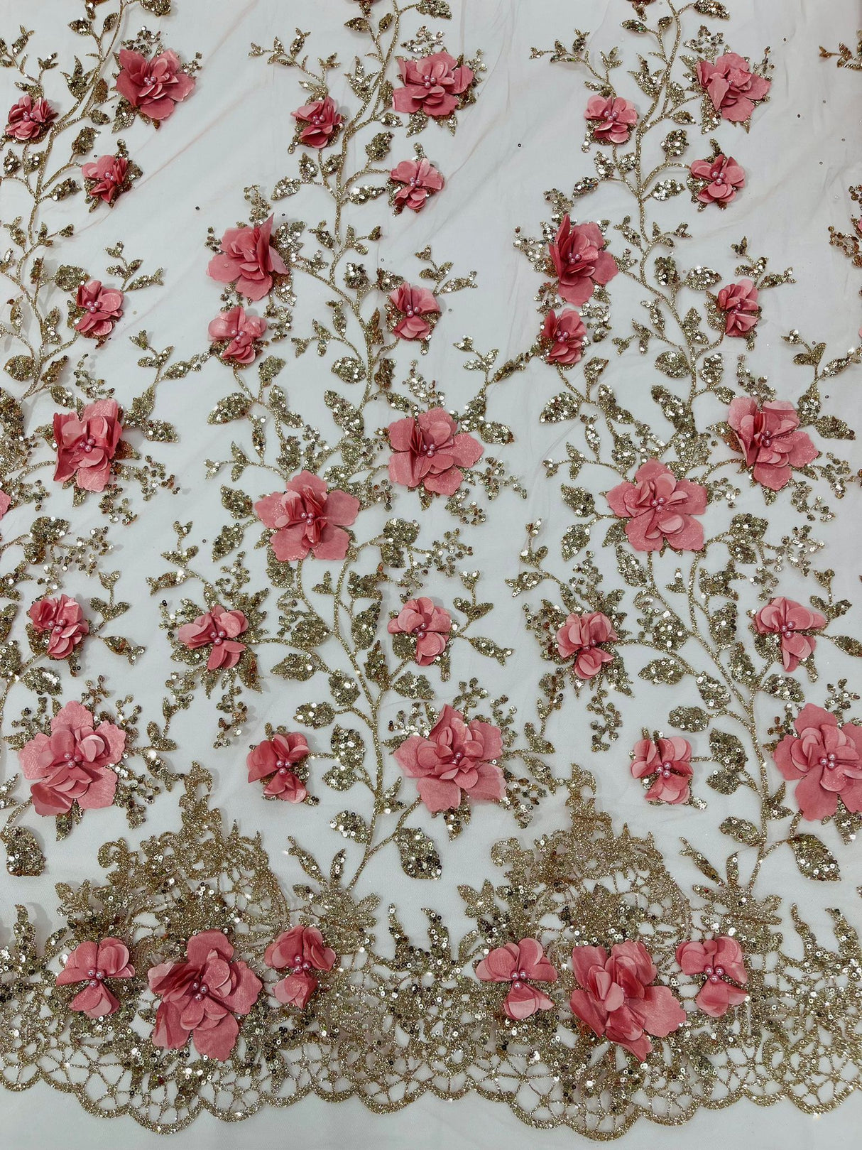Orquidia 3D Satin Flower Glitter Lace Fabric - Fuchsia, Gold, Light Blue, Lilac, Rose Gold, Silver, 54" Width (1 Yard)