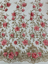 Orquidia 3D Satin Flower Glitter Lace Fabric - Fuchsia, Gold, Light Blue, Lilac, Rose Gold, Silver, 54" Width (1 Yard)