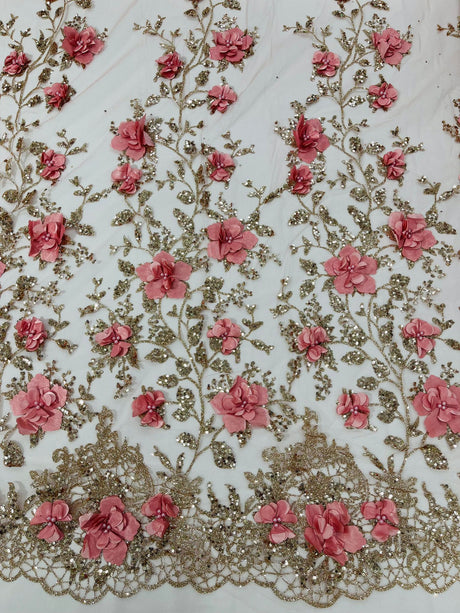 Orquidia 3D Satin Flower Glitter Lace Fabric - Fuchsia, Gold, Light Blue, Lilac, Rose Gold, Silver, 54" Width (1 Yard)