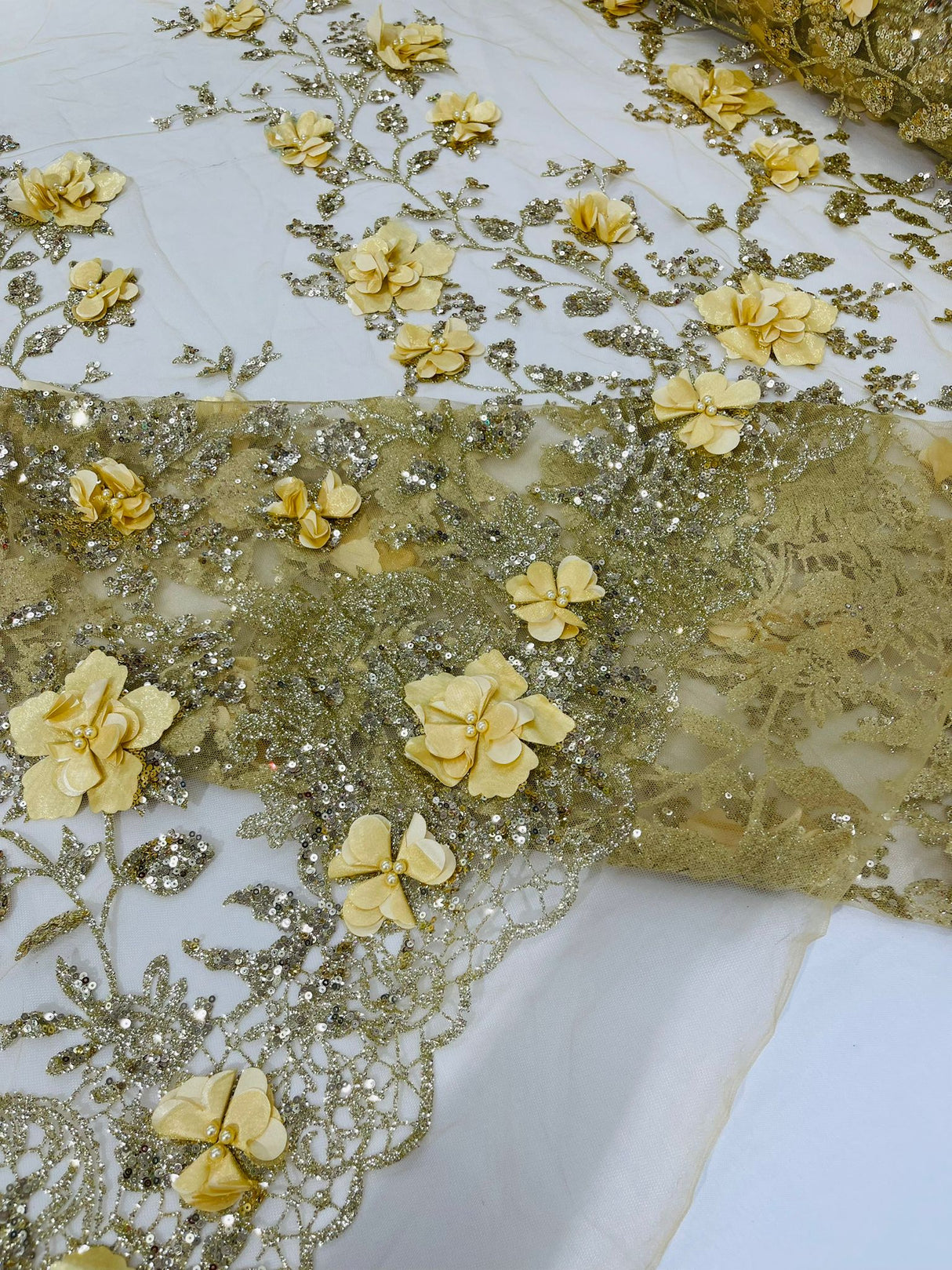 Orquidia 3D Satin Flower Glitter Lace Fabric - Fuchsia, Gold, Light Blue, Lilac, Rose Gold, Silver, 54" Width (1 Yard)