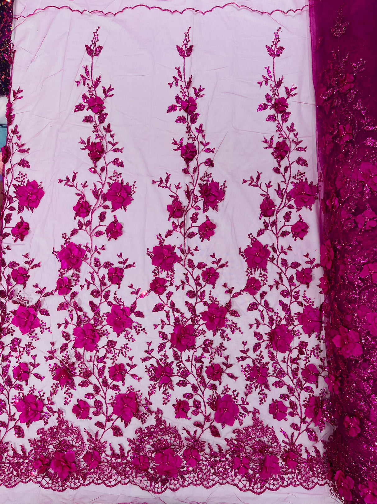 Orquidia 3D Satin Flower Glitter Lace Fabric - Fuchsia, Gold, Light Blue, Lilac, Rose Gold, Silver, 54" Width (1 Yard)
