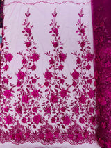 Orquidia 3D Satin Flower Glitter Lace Fabric - Fuchsia, Gold, Light Blue, Lilac, Rose Gold, Silver, 54" Width (1 Yard)