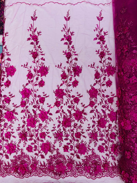 Orquidia 3D Satin Flower Glitter Lace Fabric - Fuchsia, Gold, Light Blue, Lilac, Rose Gold, Silver, 54" Width (1 Yard)