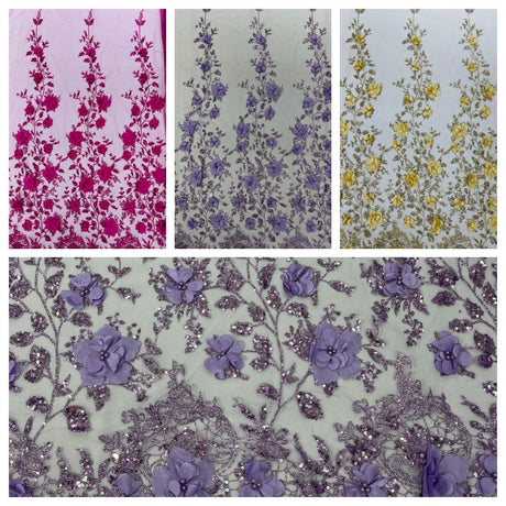 Orquidia 3D Satin Flower Glitter Lace Fabric - Fuchsia, Gold, Light Blue, Lilac, Rose Gold, Silver, 54" Width (1 Yard)