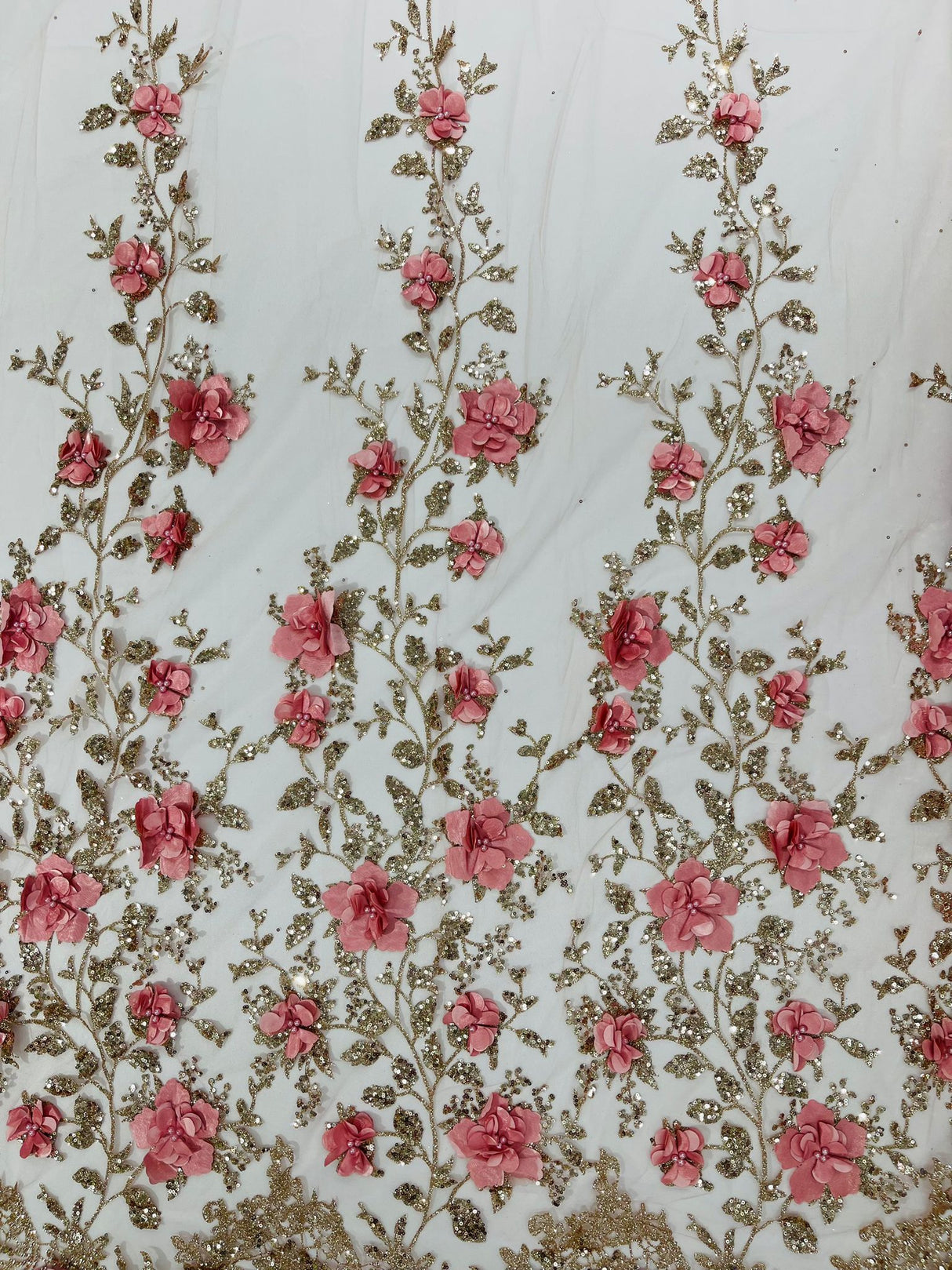 Orquidia 3D Satin Flower Glitter Lace Fabric - Fuchsia, Gold, Light Blue, Lilac, Rose Gold, Silver, 54" Width (1 Yard)