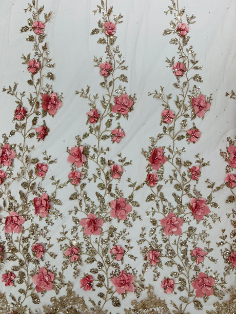 Orquidia 3D Satin Flower Glitter Lace Fabric - Fuchsia, Gold, Light Blue, Lilac, Rose Gold, Silver, 54" Width (1 Yard)