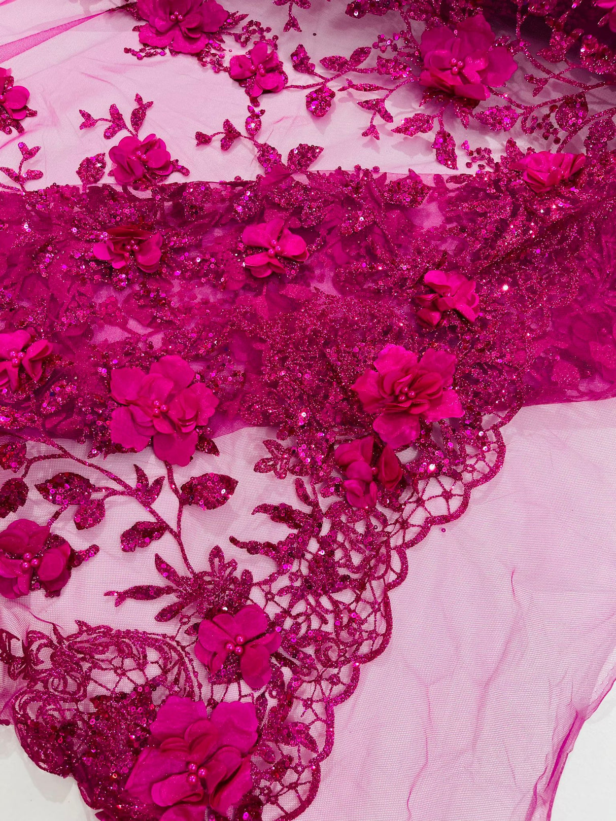 Orquidia 3D Satin Flower Glitter Lace Fabric - Fuchsia, Gold, Light Blue, Lilac, Rose Gold, Silver, 54" Width (1 Yard)