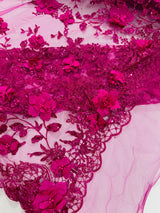 Orquidia 3D Satin Flower Glitter Lace Fabric - Fuchsia, Gold, Light Blue, Lilac, Rose Gold, Silver, 54" Width (1 Yard)
