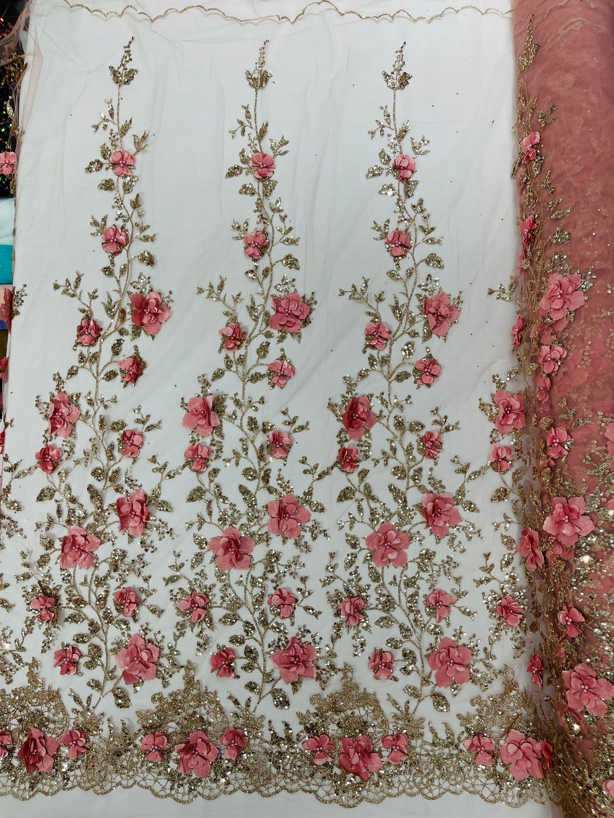 Orquidia 3D Satin Flower Glitter Lace Fabric - Fuchsia, Gold, Light Blue, Lilac, Rose Gold, Silver, 54" Width (1 Yard)