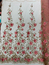 Orquidia 3D Satin Flower Glitter Lace Fabric - Fuchsia, Gold, Light Blue, Lilac, Rose Gold, Silver, 54" Width (1 Yard)