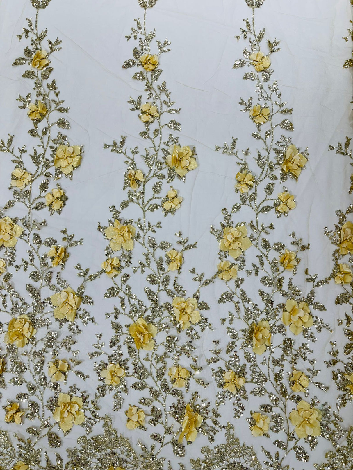 Orquidia 3D Satin Flower Glitter Lace Fabric - Fuchsia, Gold, Light Blue, Lilac, Rose Gold, Silver, 54" Width (1 Yard)