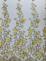 Orquidia 3D Satin Flower Glitter Lace Fabric - Fuchsia, Gold, Light Blue, Lilac, Rose Gold, Silver, 54" Width (1 Yard)
