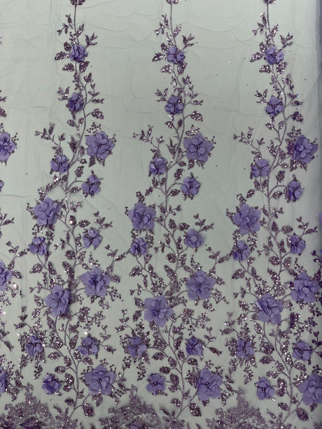 Orquidia 3D Satin Flower Glitter Lace Fabric - Fuchsia, Gold, Light Blue, Lilac, Rose Gold, Silver, 54" Width (1 Yard)