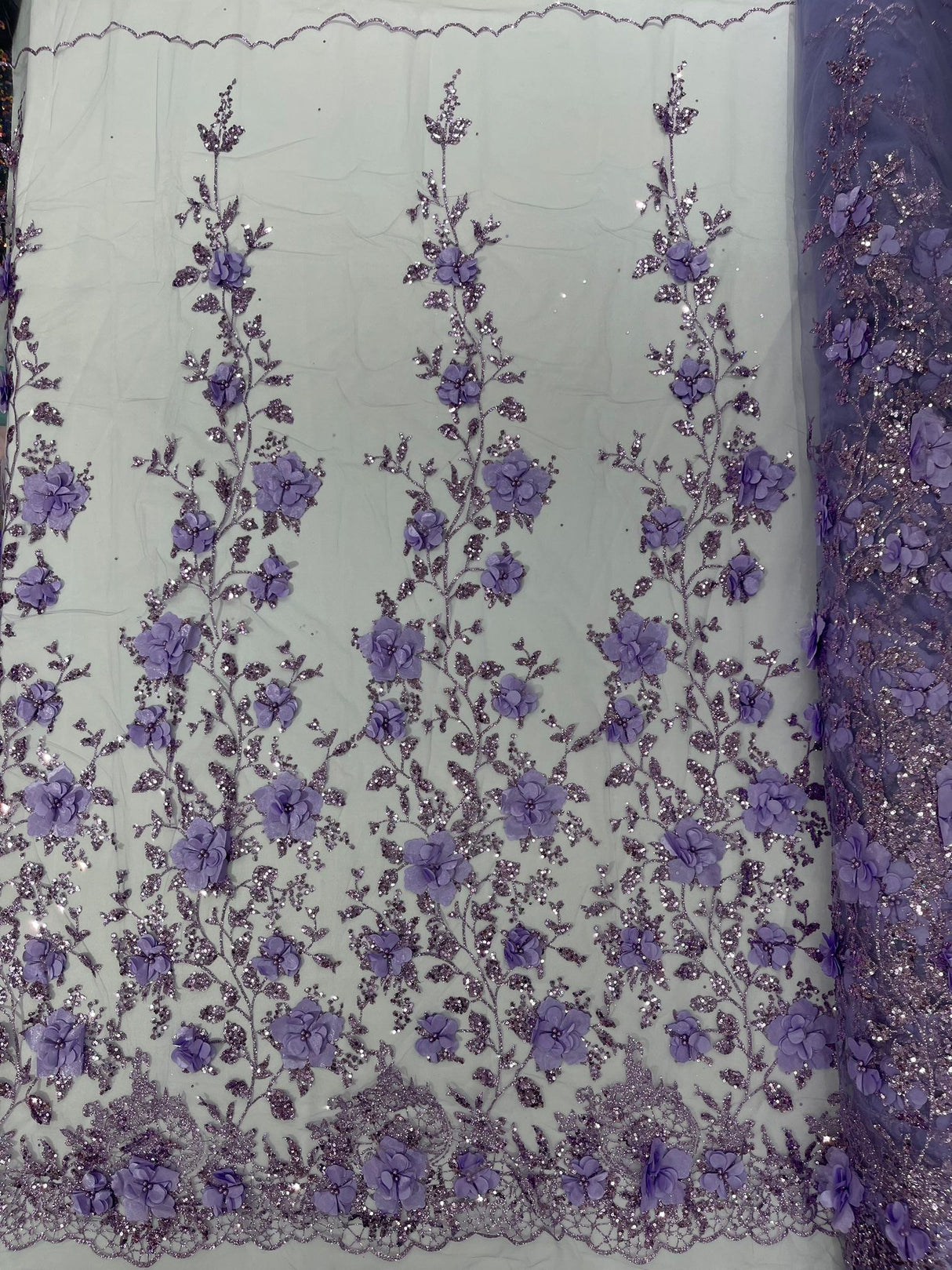 Orquidia 3D Satin Flower Glitter Lace Fabric - Fuchsia, Gold, Light Blue, Lilac, Rose Gold, Silver, 54" Width (1 Yard)