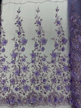 Orquidia 3D Satin Flower Glitter Lace Fabric - Fuchsia, Gold, Light Blue, Lilac, Rose Gold, Silver, 54" Width (1 Yard)