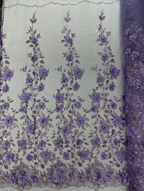 Orquidia 3D Satin Flower Glitter Lace Fabric - Fuchsia, Gold, Light Blue, Lilac, Rose Gold, Silver, 54" Width (1 Yard)