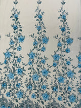 Orquidia 3D Satin Flower Glitter Lace Fabric - Fuchsia, Gold, Light Blue, Lilac, Rose Gold, Silver, 54" Width (1 Yard)