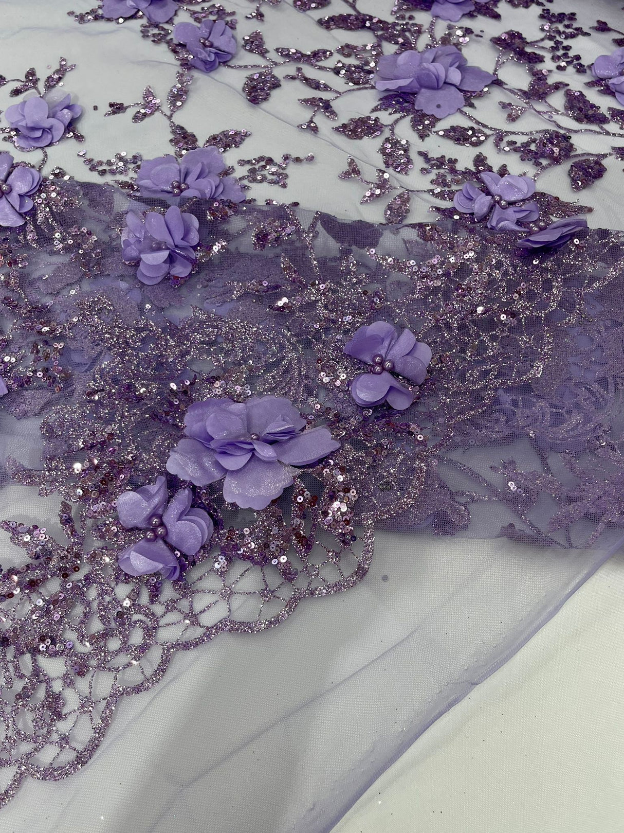 Orquidia 3D Satin Flower Glitter Lace Fabric - Fuchsia, Gold, Light Blue, Lilac, Rose Gold, Silver, 54" Width (1 Yard)