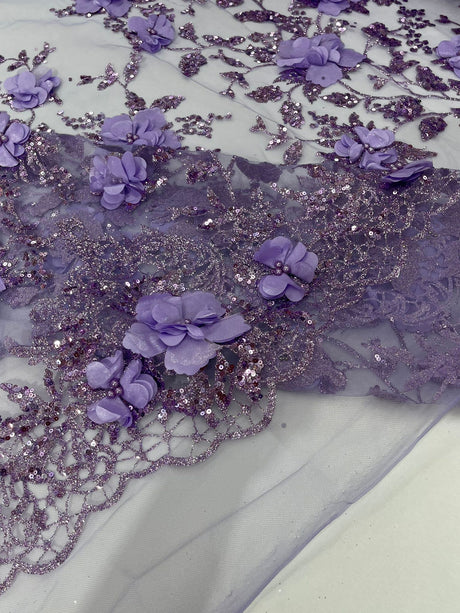 Orquidia 3D Satin Flower Glitter Lace Fabric - Fuchsia, Gold, Light Blue, Lilac, Rose Gold, Silver, 54" Width (1 Yard)