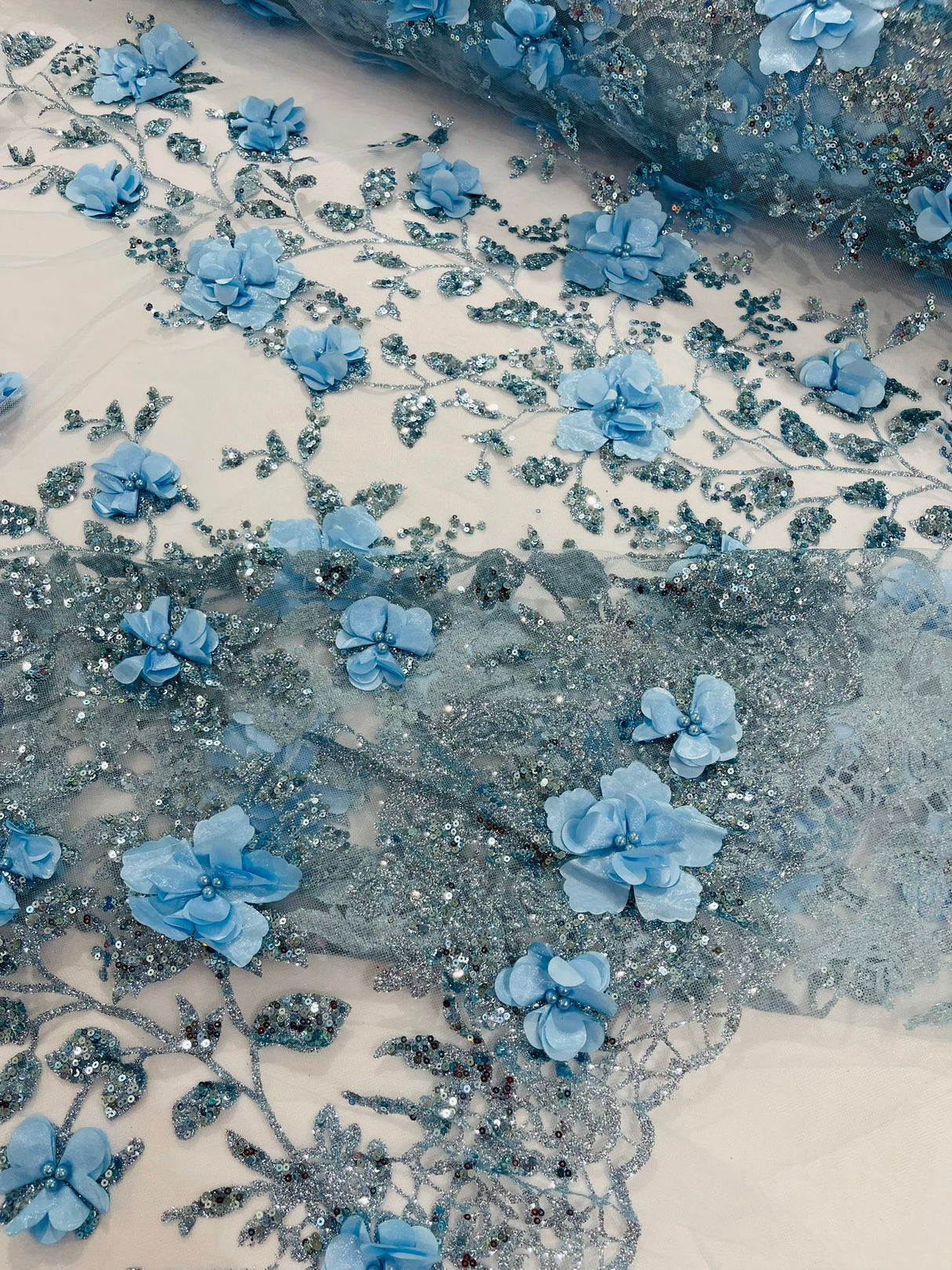Orquidia 3D Satin Flower Glitter Lace Fabric - Fuchsia, Gold, Light Blue, Lilac, Rose Gold, Silver, 54" Width (1 Yard)
