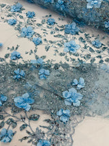 Orquidia 3D Satin Flower Glitter Lace Fabric - Fuchsia, Gold, Light Blue, Lilac, Rose Gold, Silver, 54" Width (1 Yard)
