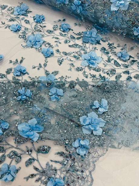 Orquidia 3D Satin Flower Glitter Lace Fabric - Fuchsia, Gold, Light Blue, Lilac, Rose Gold, Silver, 54" Width (1 Yard)