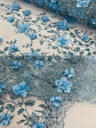 Orquidia 3D Satin Flower Glitter Lace Fabric - Fuchsia, Gold, Light Blue, Lilac, Rose Gold, Silver, 54" Width (1 Yard)