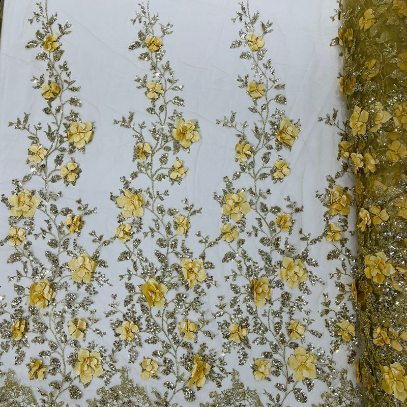 Orquidia 3D Satin Flower Glitter Lace Fabric - Fuchsia, Gold, Light Blue, Lilac, Rose Gold, Silver, 54" Width (1 Yard)