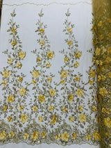Orquidia 3D Satin Flower Glitter Lace Fabric - Fuchsia, Gold, Light Blue, Lilac, Rose Gold, Silver, 54" Width (1 Yard)